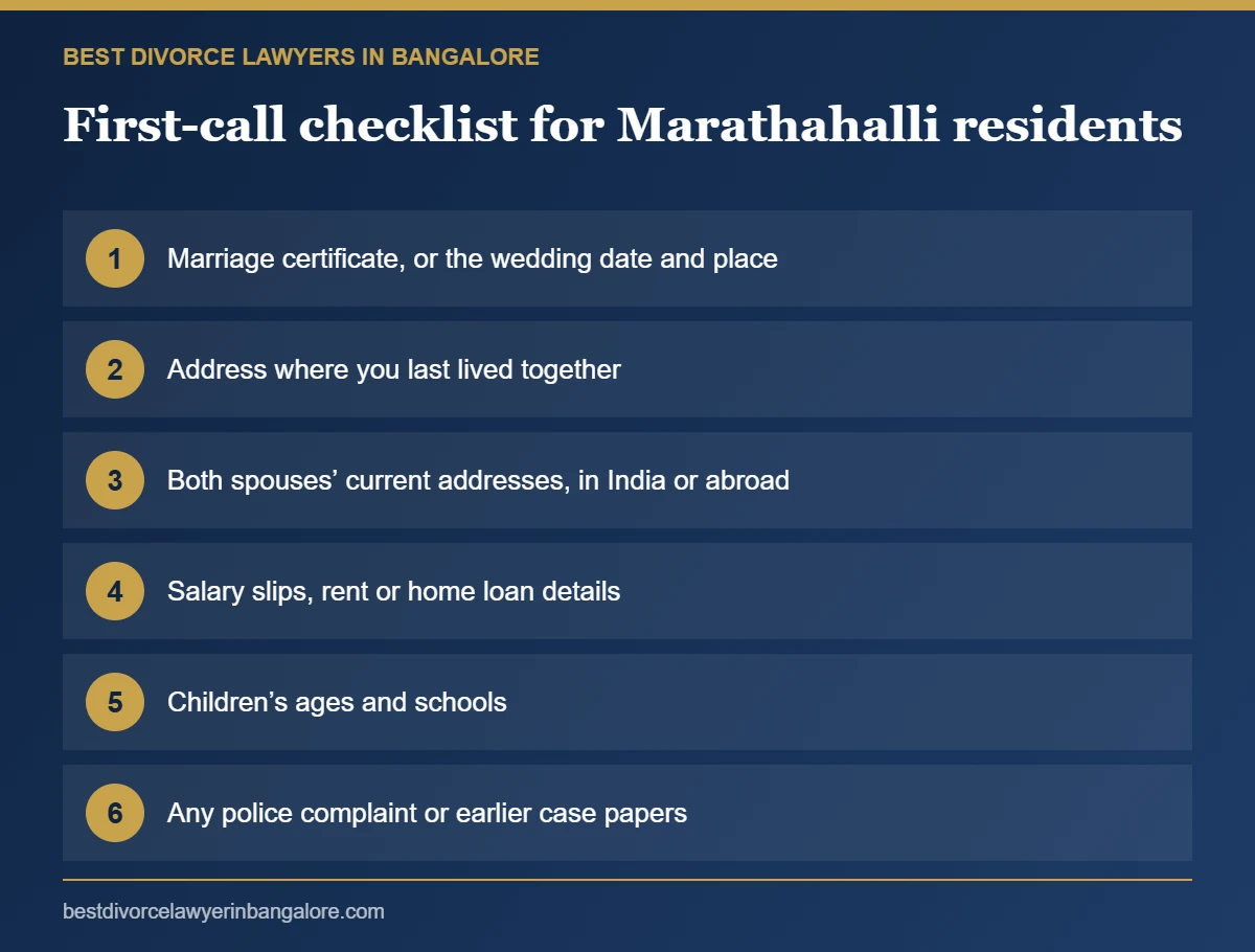 Checklist infographic for divorce clients from Marathahalli, Bangalore
