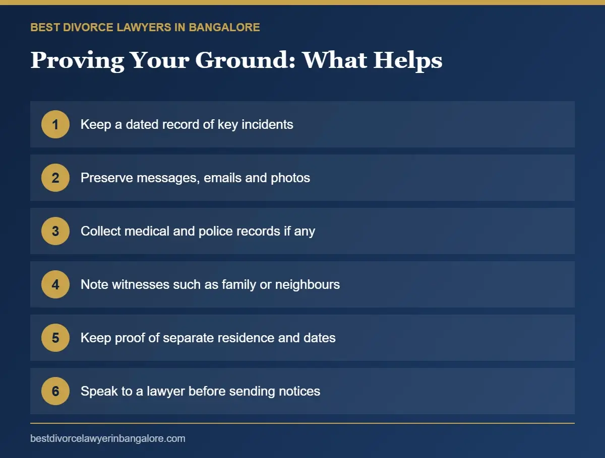 Evidence checklist for proving grounds for divorce in a Bangalore family court