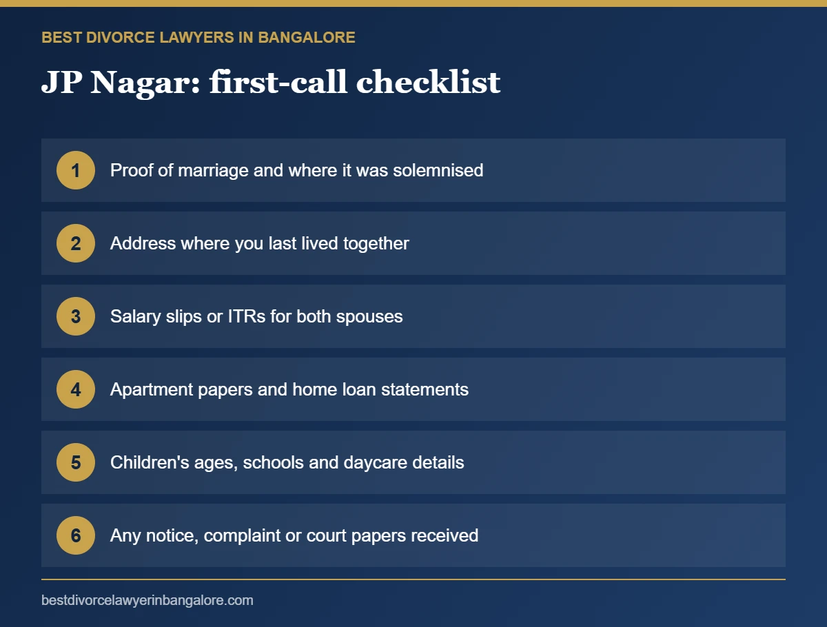 First-call checklist for divorce clients in JP Nagar and Bannerghatta Road, Bangalore